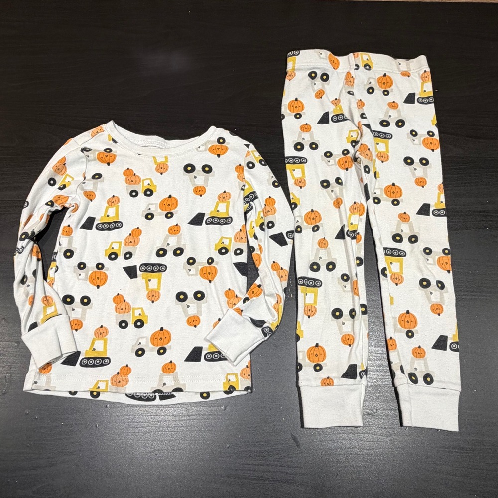 Old Navy Toddler 3T Pumpkin Construction Vehicle Pajama Set Cotton White Orange